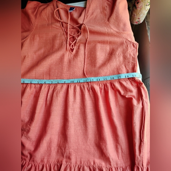 Tiered Lace-Up Mini Swing Dress Eyelet Floral Hem Coral Long Sleeve M. - Picture 11 of 17